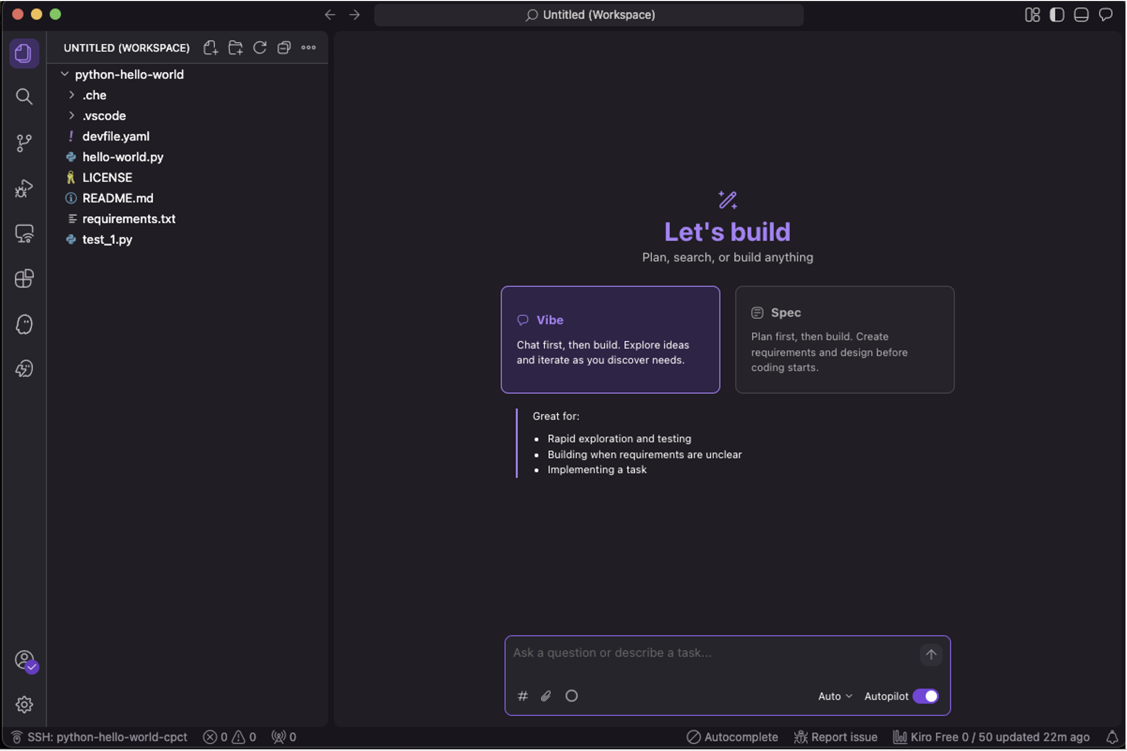Figure 4: Kiro connected to a remote Dev Spaces workspace with full AI assistance and project files loaded